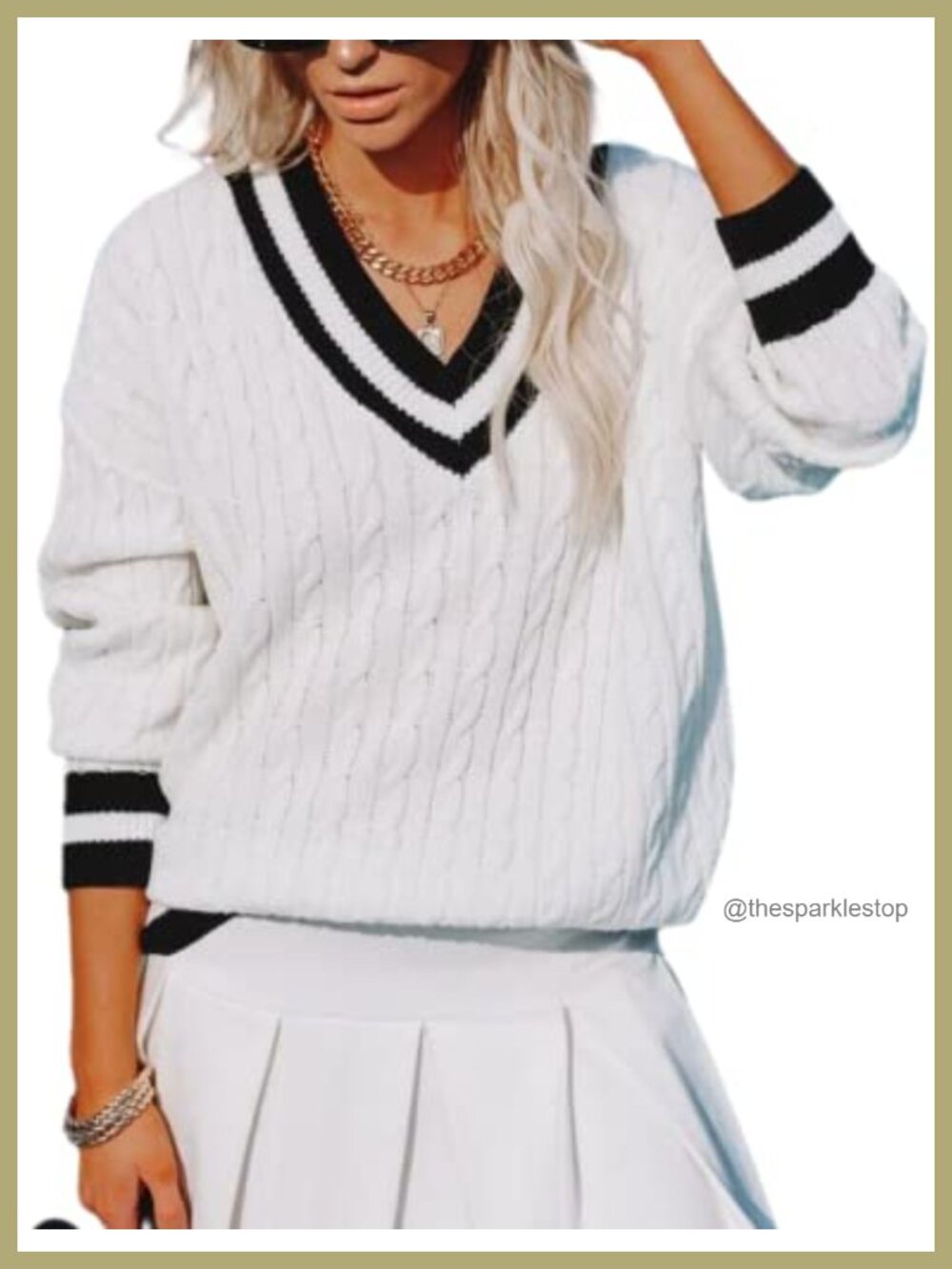 InterNos Women's V Neck Long Sleeve Cable Knit Striped Pullover Sweater